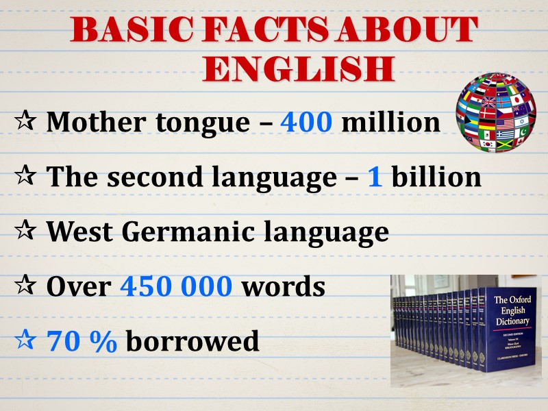 BASIC FACTS ABOUT ENGLISH  Mother tongue – 400 million  The second language